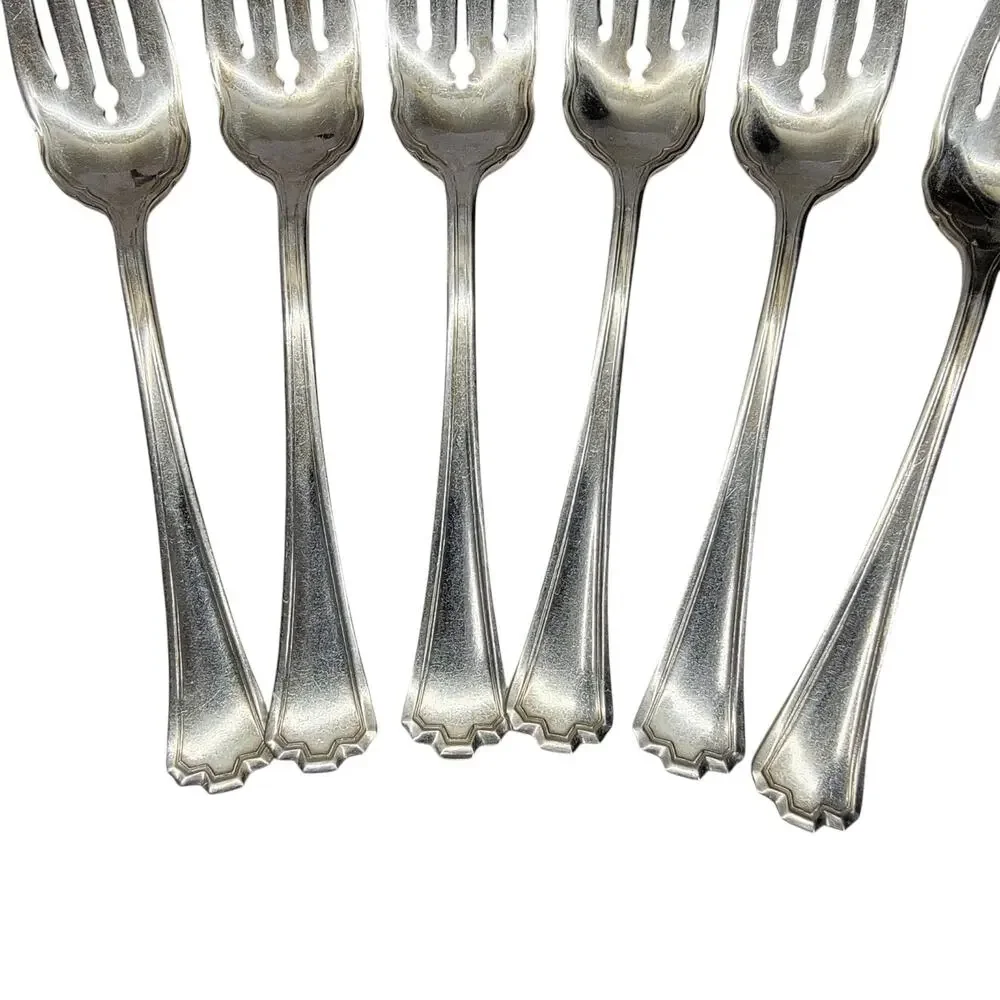 R.C.CO Vintage Silverplate Salad Forks 6 Pc Set Art Deco Stepped Handle